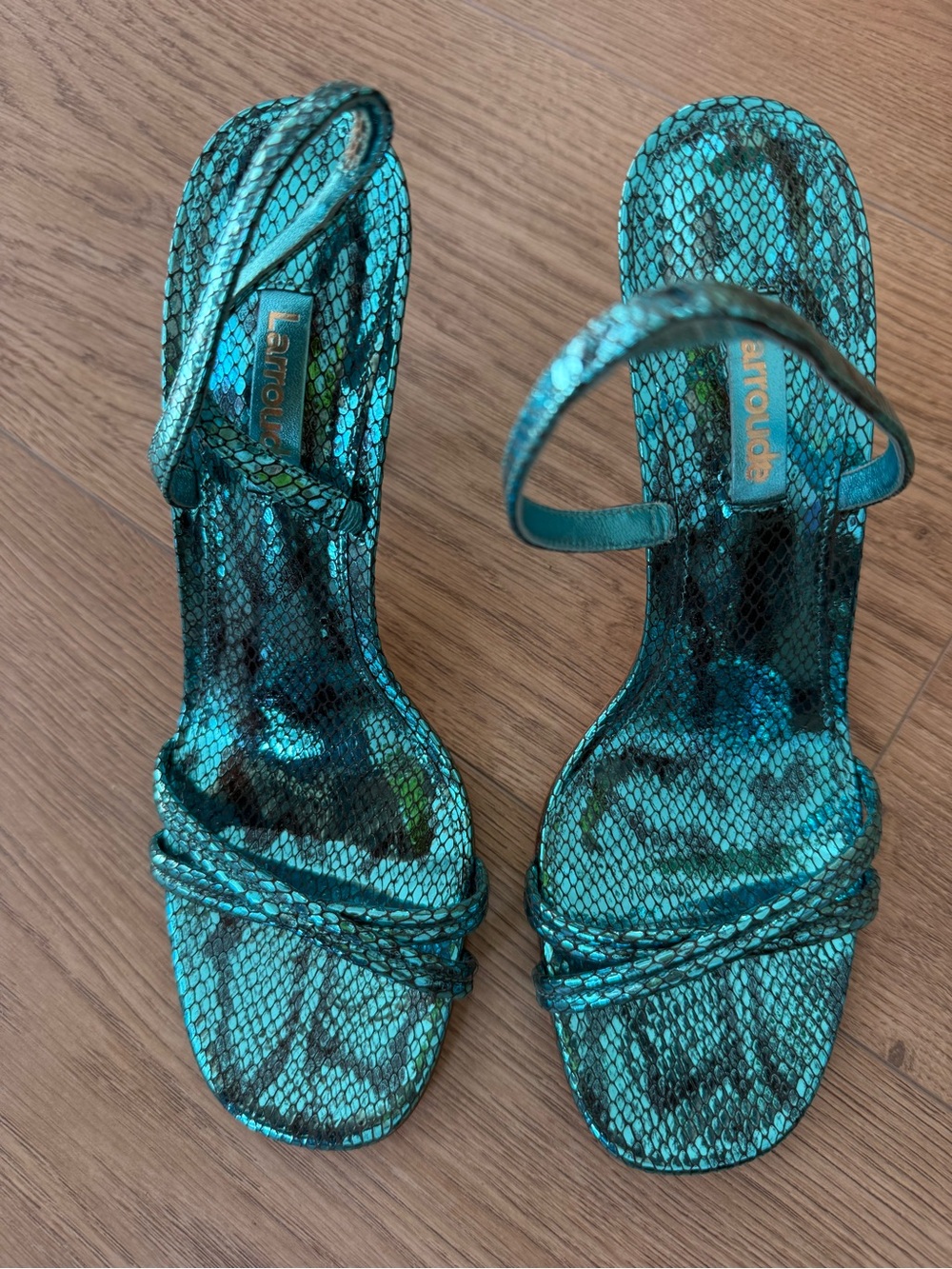 Larroudé Metallic Turquoise Snakeskin Strappy Heels Sandals Size 10 - Picture 2 of 5